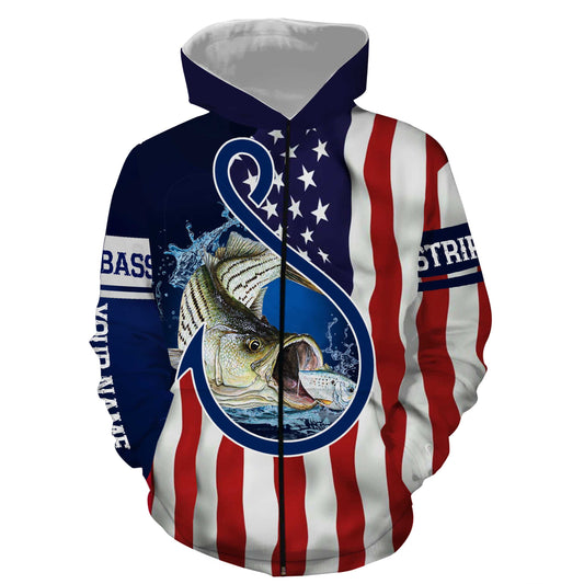 Striped Bass Fishing American Flag Patriotic Customize Name Fishing Shirts NQS479