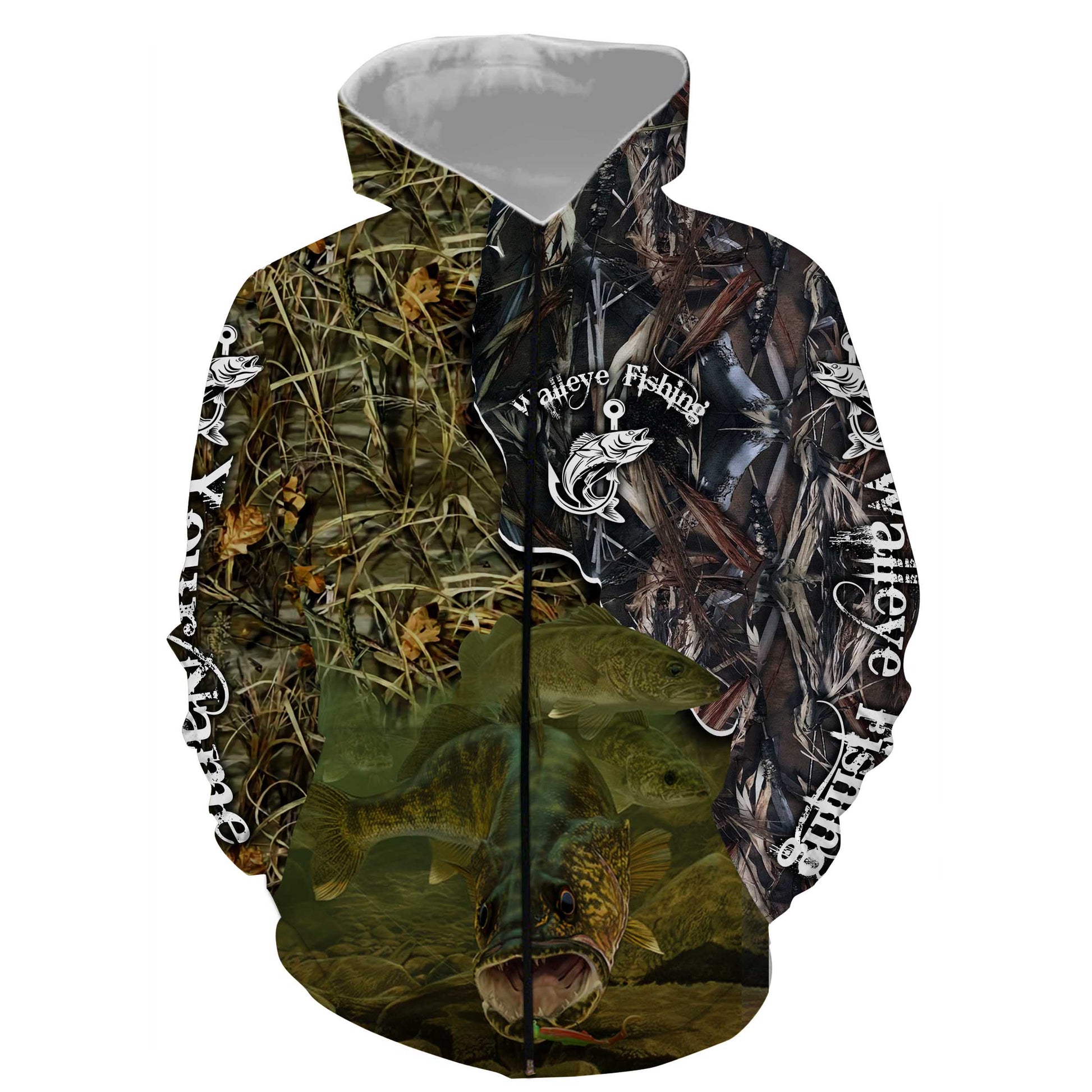 Walleye Fishing Camo Customized Name All Over Print Shirts  Zip Up Hoodie Zip Up Hoodie