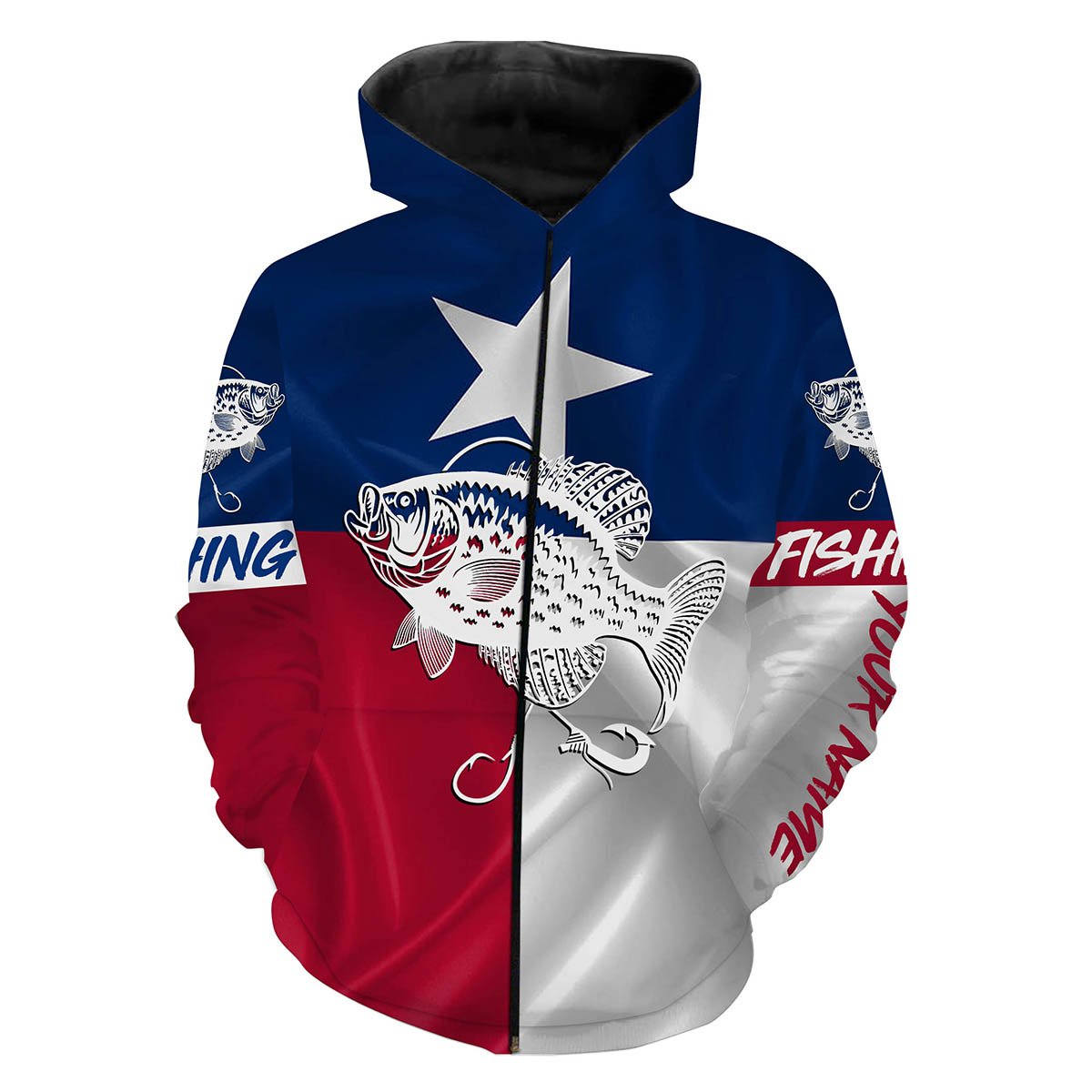 Crappie Tattoo fishing Texas Flag 3D All Over print shirts saltwater personalized fishing apparel for Adult and kid NQS398 Zip up hoodie