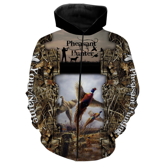 Pheasant Hunting with dog Camo Customize Name 3D All Over Printed Shirts Personalized gift For Hunting Lovers NQS684 Zip up hoodie