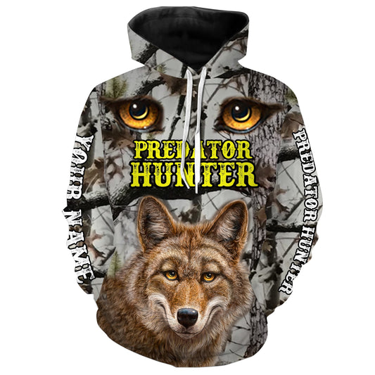 Predator hunter coyote Hunting camo Custom Name 3D All over print shirts Plus Size - personalized hunting apparel gifts for Adult and Kid - NQS823 Hoodie