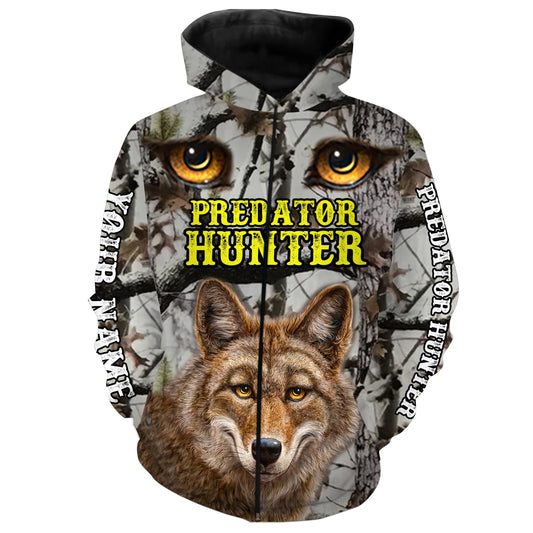 Predator hunter coyote Hunting camo Custom Name 3D All over print shirts Plus Size - personalized hunting apparel gifts for Adult and Kid - NQS823 Zip up hoodie