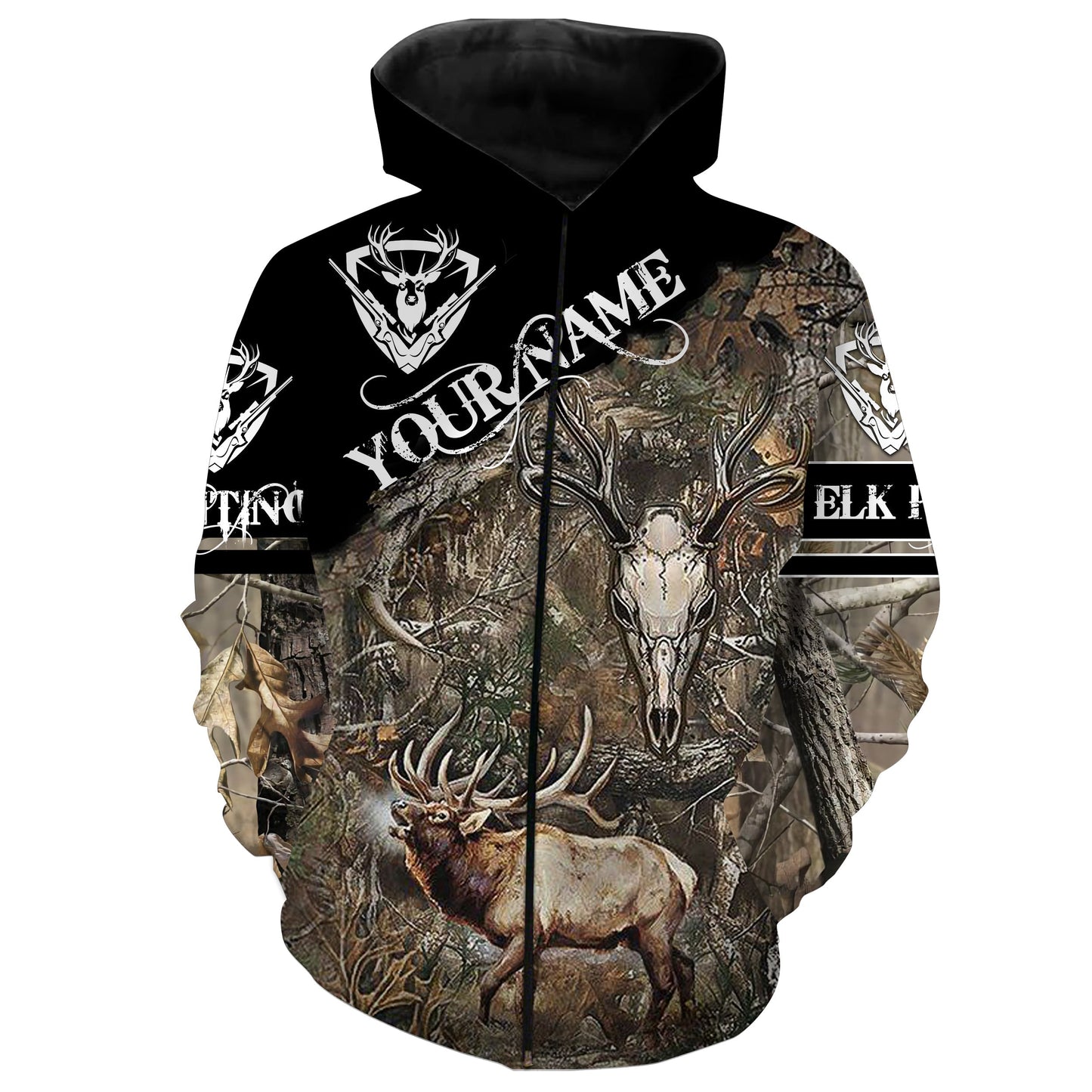 Elk Hunting Skull Camo Bowhunting Customize Name 3D All Over Printed Shirts Nqs849 Zip Up Hoodie Zip Up Hoodie