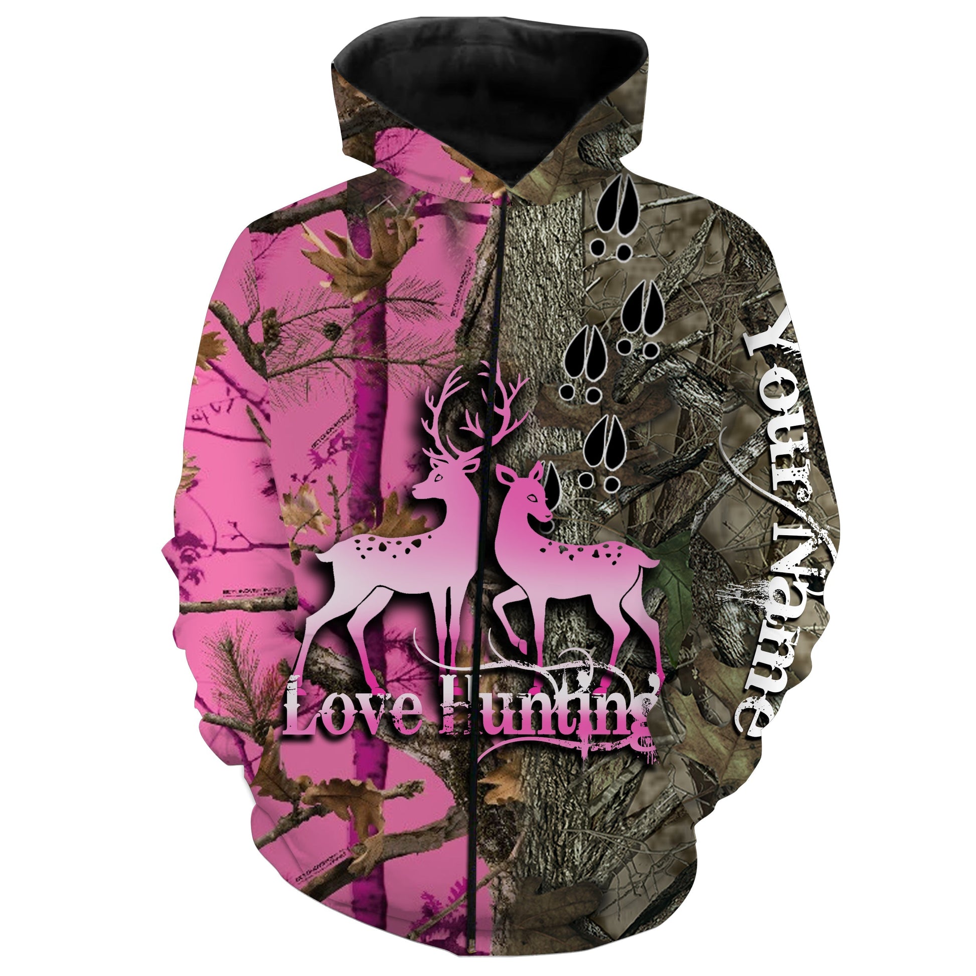 Love Deer Hunting Pink Camo Customize Name 3D All Over Printed hunting Shirts NQS856 Zip up hoodie