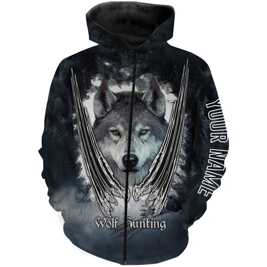 Wolf hunt hunting clothes Customize Name 3D All Over Printed Shirts plus size Personalized Hunting gift For men Zip up hoodie