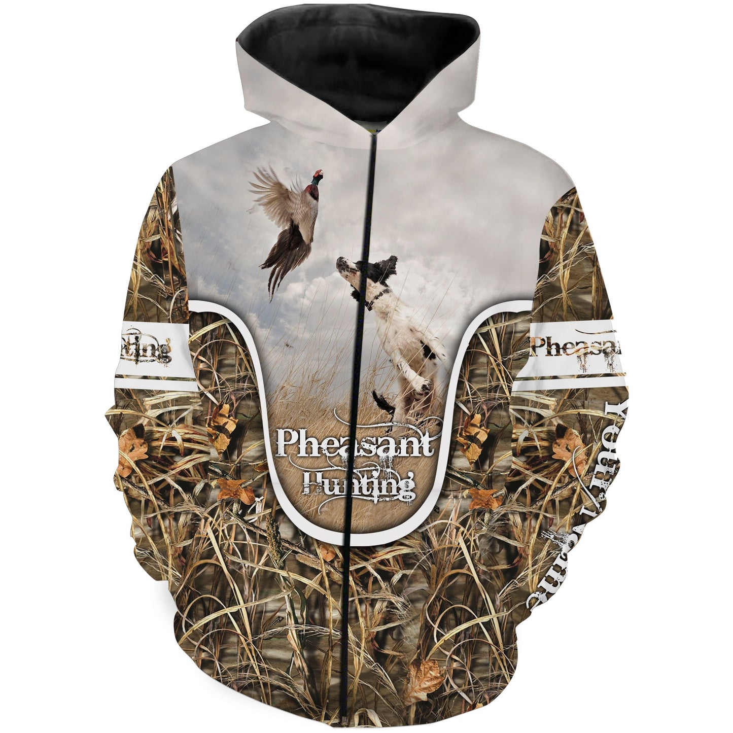 Wild pheasant hunting dogs English setter camouflage clothes Customize Name 3D All Over Printed Shirts NQS1025 Zip up hoodie