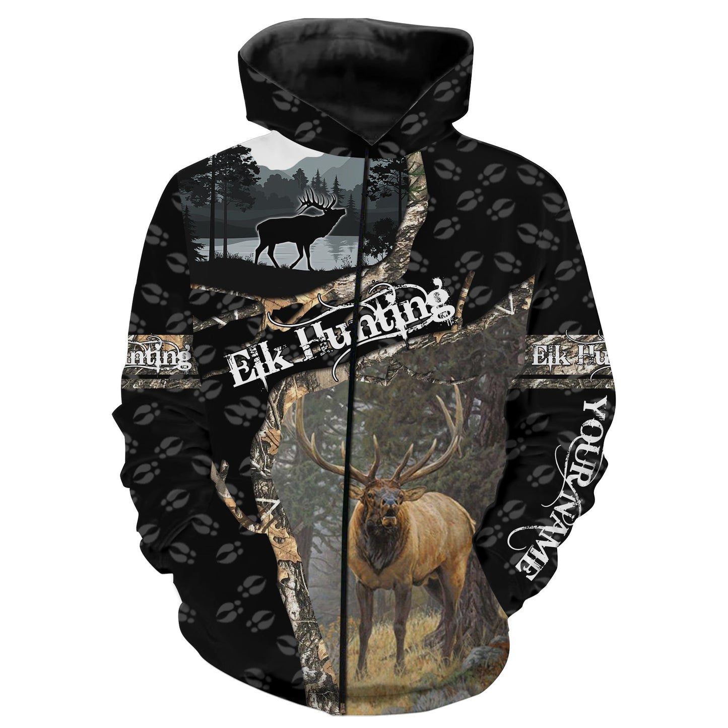 Bull elk Hunting camouflage Customize Name 3D All Over Printed Shirts Personalized Hunting gift For Adult And Kid NQS1090 Zip up hoodie