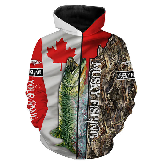 Musky Fishing Canada Flag Custom Name All Over Print Shirts  Zip Up Hoodie Zip Up Hoodie