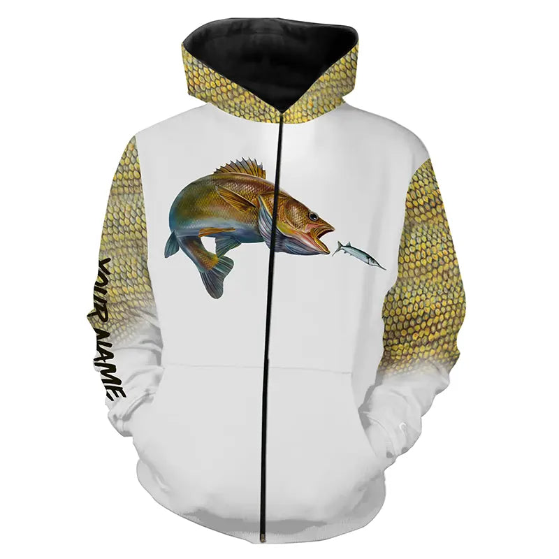 Walleye fishing Customized Name 3D All Over print shirts personalized fishing apparel for Adult and kid NQS551 Zip up hoodie