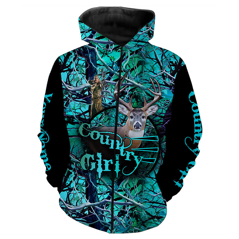 Country Girl Deer Hunting Serenity Blue Camo Custom All Over Printed Shirts Personalized Hunting Gift Nqs4082 Zip Up Hoodie Zip Up Hoodie