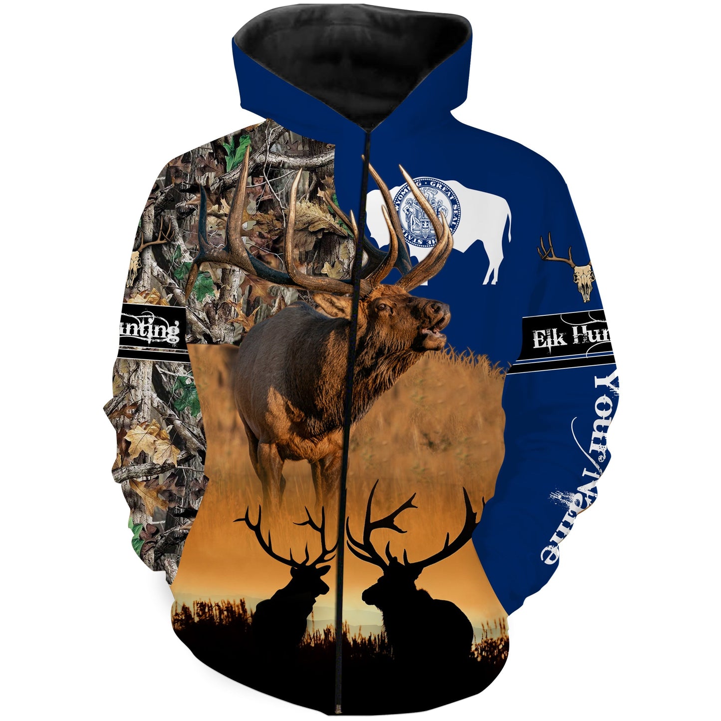 Wyoming Wy Elk Hunting Camo Custom Name 3D Hunting Apparel Zip Up Hoodie Zip Up Hoodie