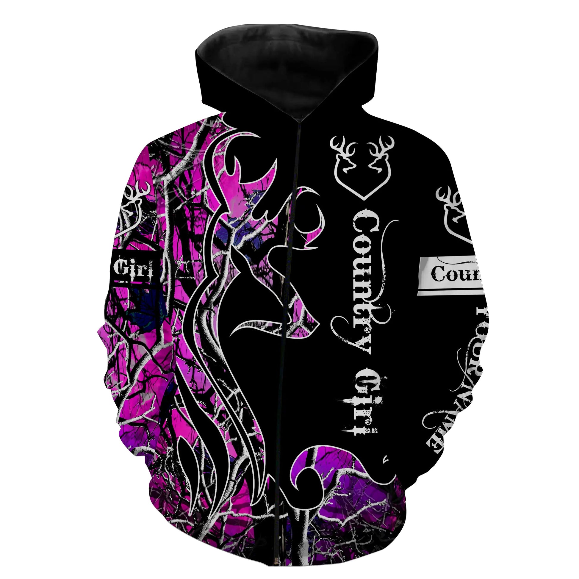 Country Girl Deer Hunting Pink Camo black version Customize 3D All Over Printed Shirts Hunting gift NQSD162 Zip up hoodie