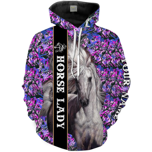 White Horse Lady purple Custom Name 3D All Over Printed Shirts NQS1457 Hoodie