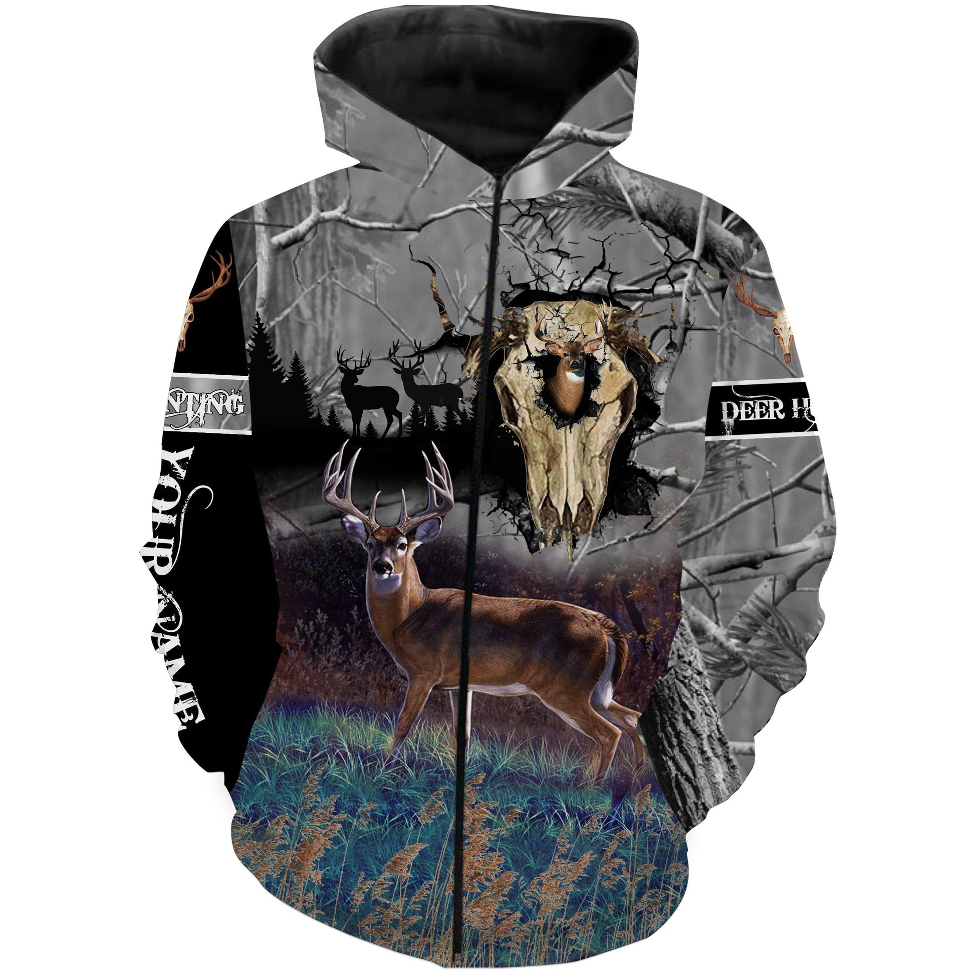 Deer Hunting Skull Camo Custom Name 3D All Over Print Shirts  Zip Up Hoodie Zip Up Hoodie