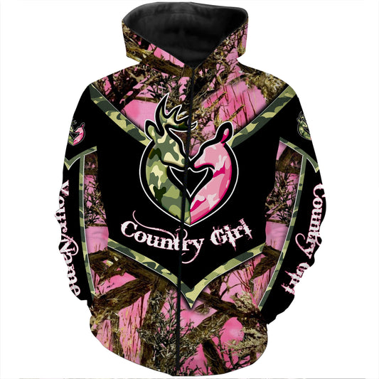 Country girl Deer Hunting Pink and green camo Customize Name 3D All Over Printed Shirts Personalized Hunting gift For Adult And Kid NQS857