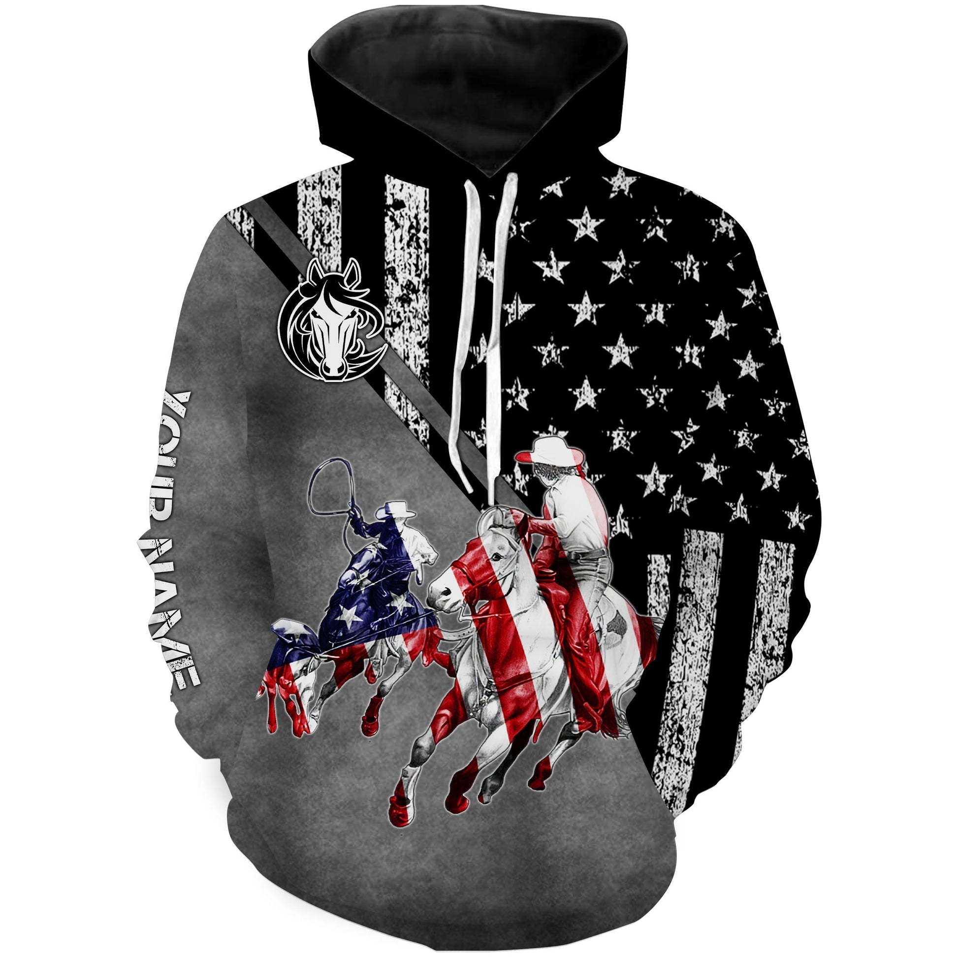 Team Roping American Flag Custom Name Riding Horse Shirts Hoodie Hoodie