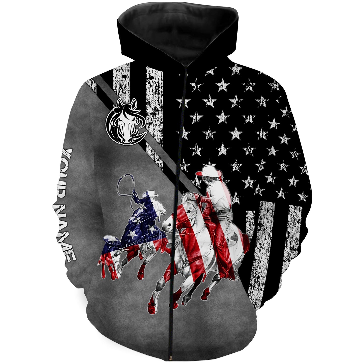 Team Roping American Flag Custom Name Riding Horse Shirts Zip Up Hoodie Zip Up Hoodie