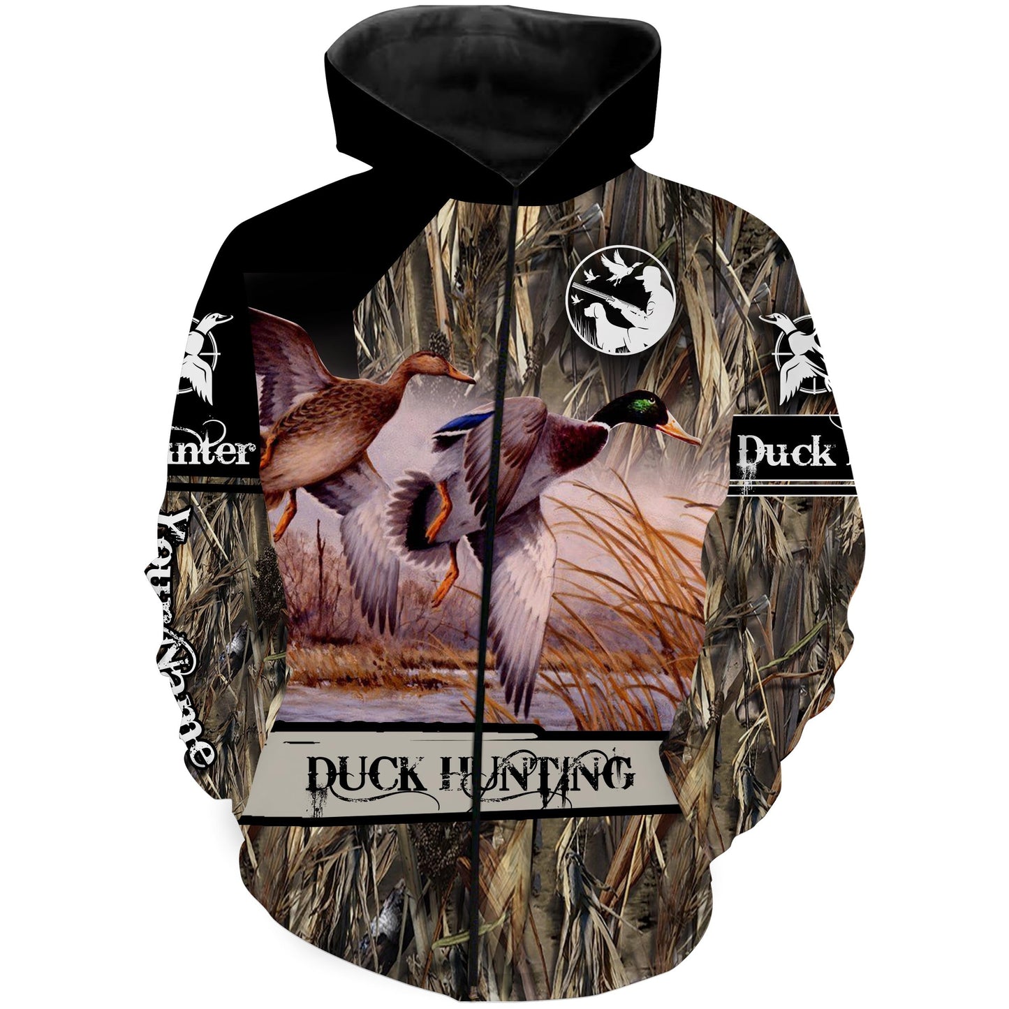 Duck Hunting Waterfowl Camo Customize Name 3D All Over Printed Shirts Personalized Hunting gift For Adult And Kid NQS885 Zip up hoodie