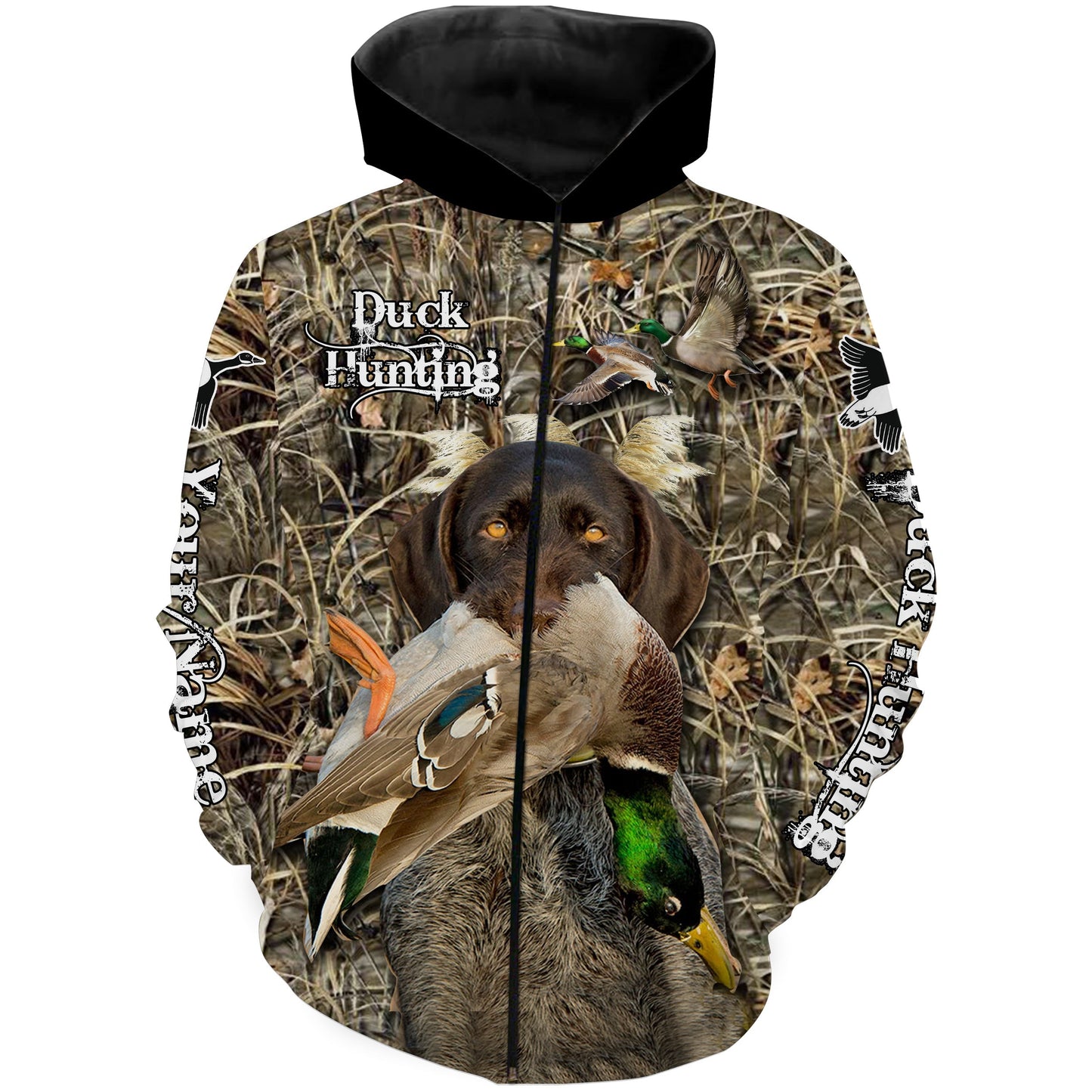 Duck Hunting dog Labrador Retriever Camo Waterfowl Custom Name 3D hunting shirts NQS745 Zip up hoodie