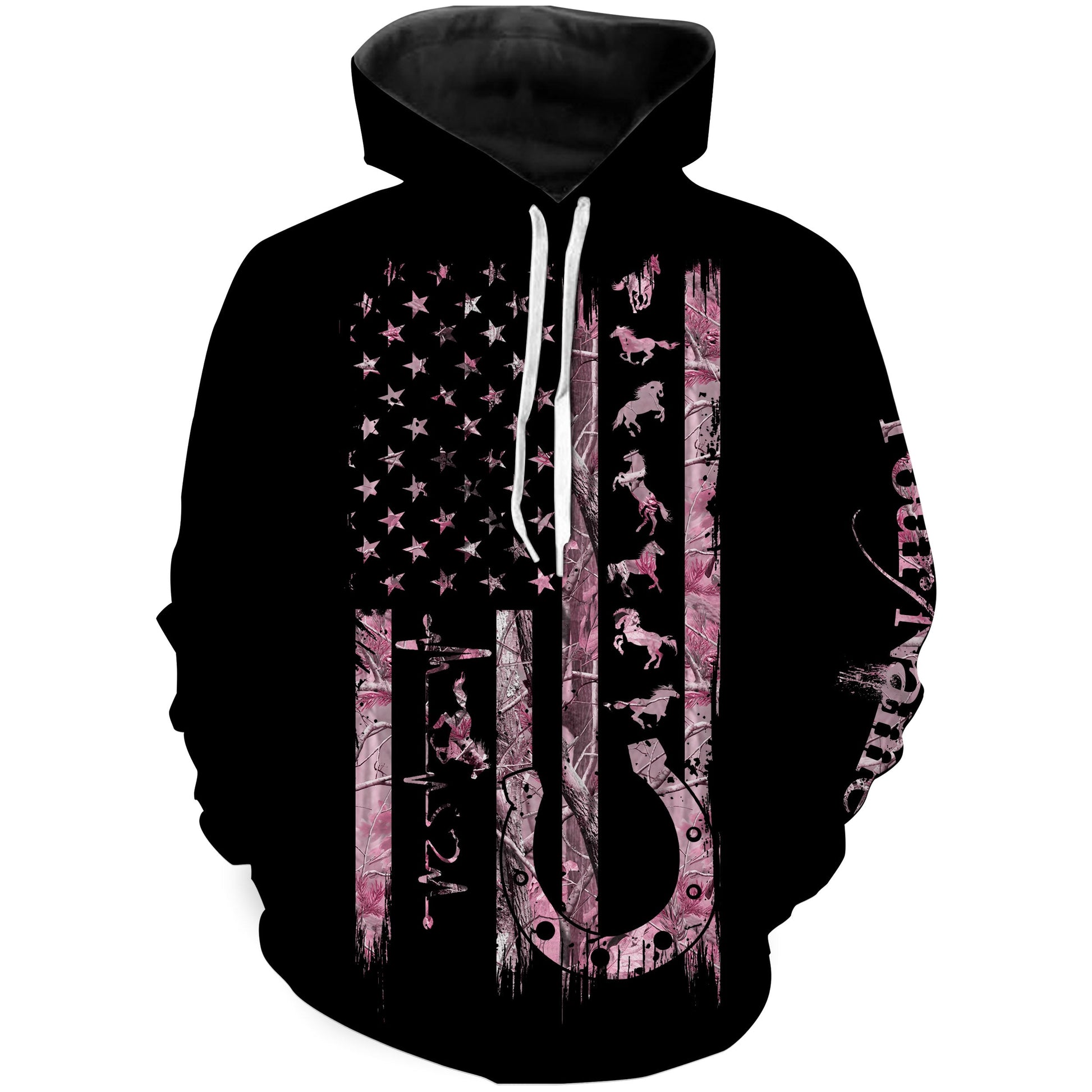 American Flag Patriotic Horse Tattoo Pink Muddy Camo Custom Name Equestrian Horse Riding Customize Name 3D All Over Printed Shirts Nqs2888 Hoodie Hoodie