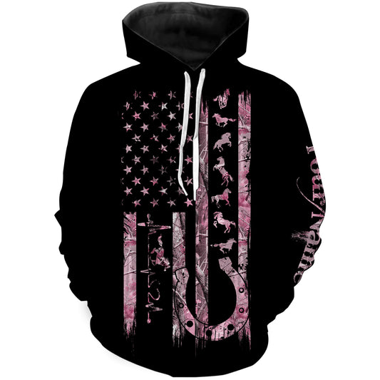 American Flag Patriotic Horse Tattoo Pink Muddy Camo Custom Name Equestrian Horse Riding Customize Name 3D All Over Printed Shirts Nqs2888 Hoodie Hoodie