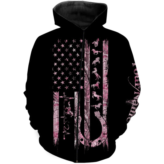 American Flag Patriotic Horse Tattoo Pink Muddy Camo Custom Name Equestrian Horse Riding Customize Name 3D All Over Printed Shirts Nqs2888 Zip Up Hoodie Zip Up Hoodie