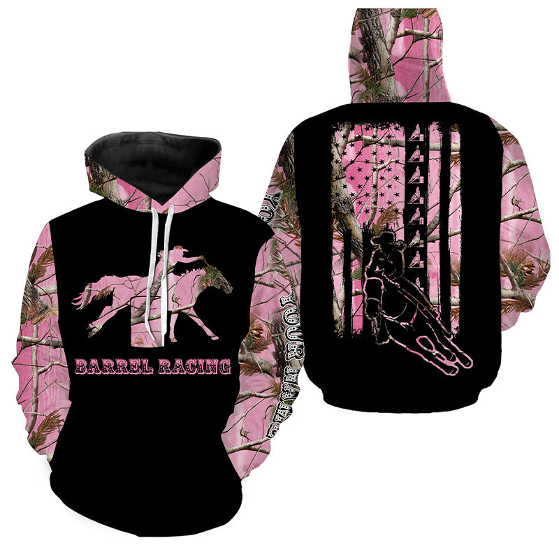 Barrel Racing Rodeo American flag pink camo shirt, cowgirl Gift Customized Name horse Shirt NQS3997