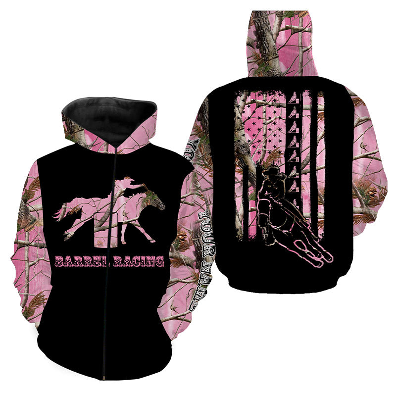 Barrel Racing Rodeo American flag pink camo shirt, cowgirl Gift Customized Name horse Shirt NQS3997