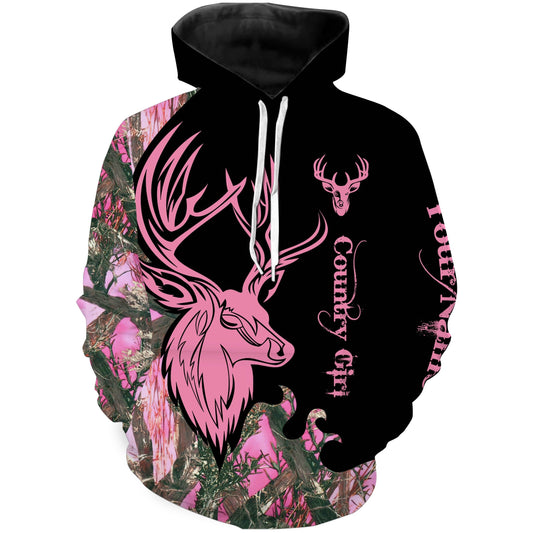 Country Girl Deer Hunting Pink Camo Customize Name 3D All Over Printed Shirts Personalized Hunting gift For Adult And Kid NQS2428