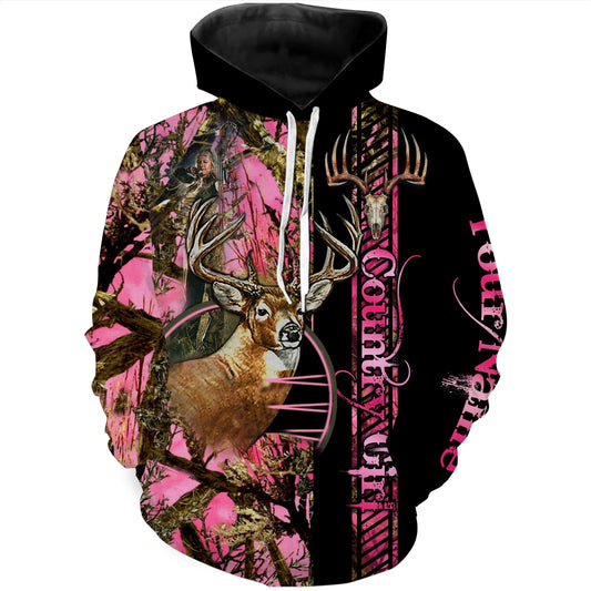 Country Girl Deer Hunting pink Muddy Camo Customize Name 3D All Over Printed Shirts Personalized Hunting gift For Adult And Kid NQS930 Hoodie