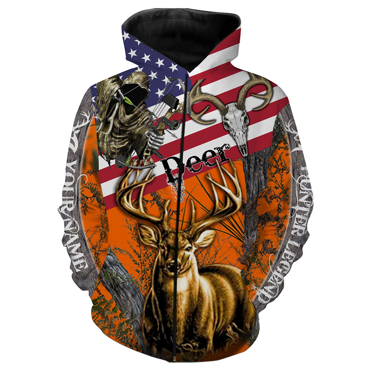 Deer Hunting American Flag Custom name All over print shirts - personalized hunting gift for men Zip up hoodie