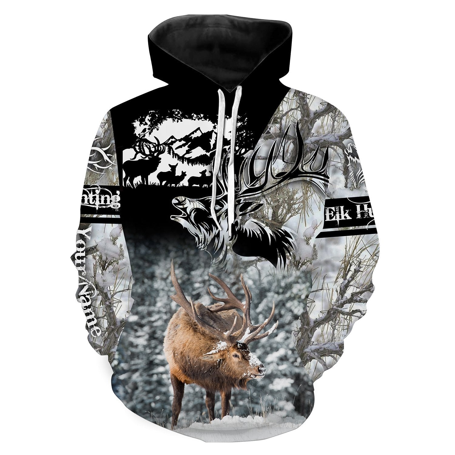 Elk Hunting Winter Snow Camo Custom Name Shirts, Bull Elk Hunter Personalized Hunting Gifts Shirts FSD2667