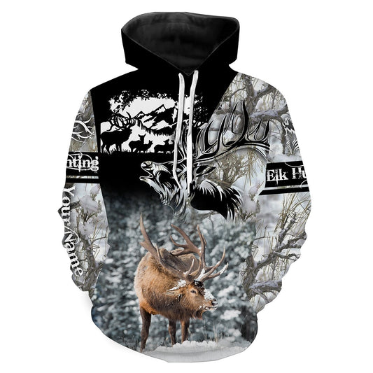 Elk Hunting Winter Snow Camo Custom Name Shirts, Bull Elk Hunter Personalized Hunting Gifts Shirts FSD2667