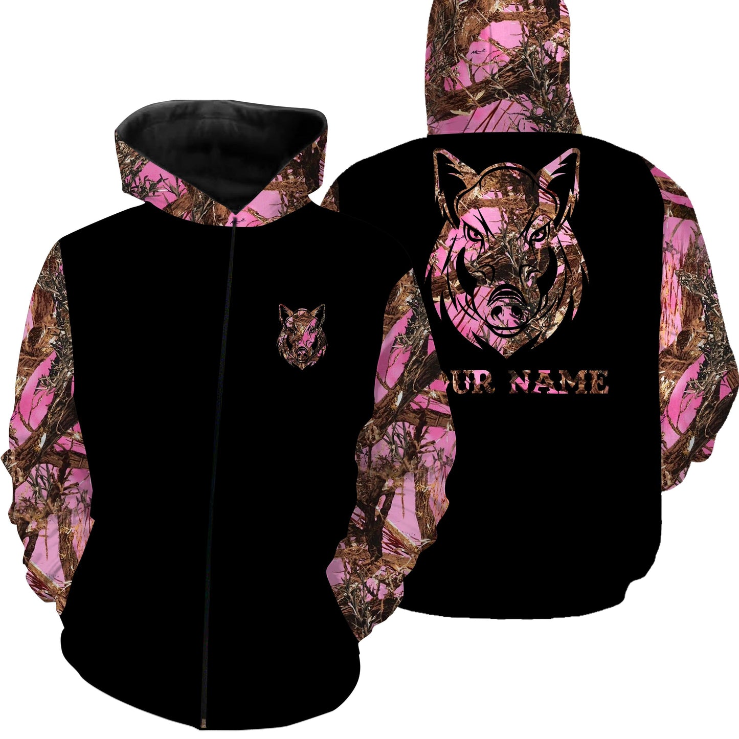 Women Hog hunting pink tree camo custom name All over printed Shirts FSD3047 Zip up hoodie