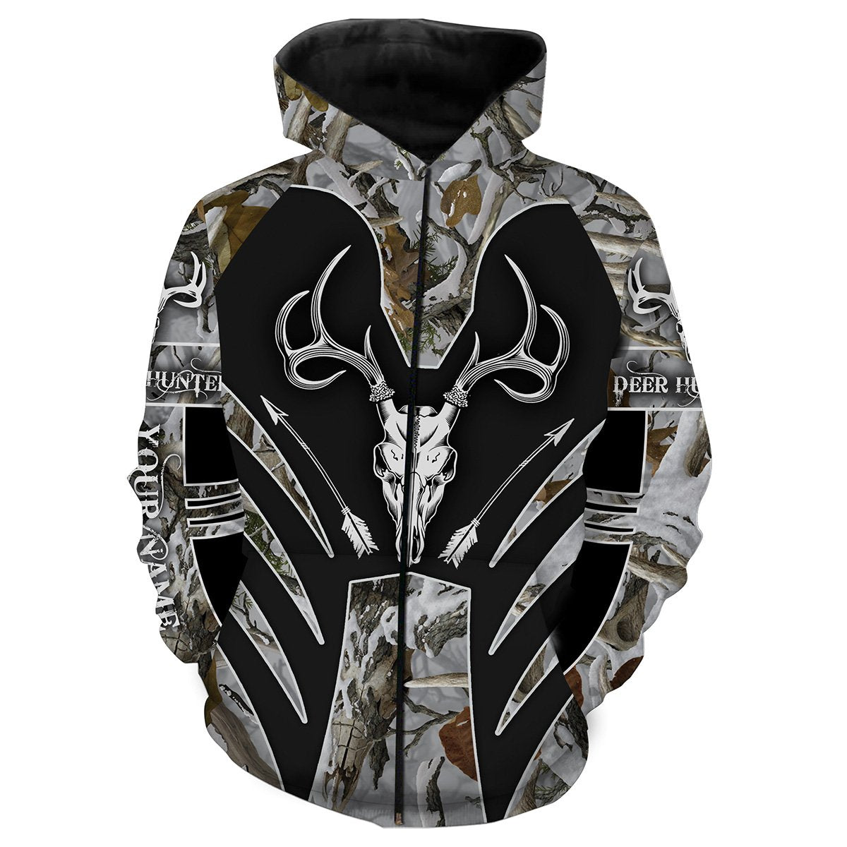 Winter Snow Camo Deer Bow Hunting Shirt Custom Name 3D All Over Printing  Zip Up Hoodie Zip Up Hoodie