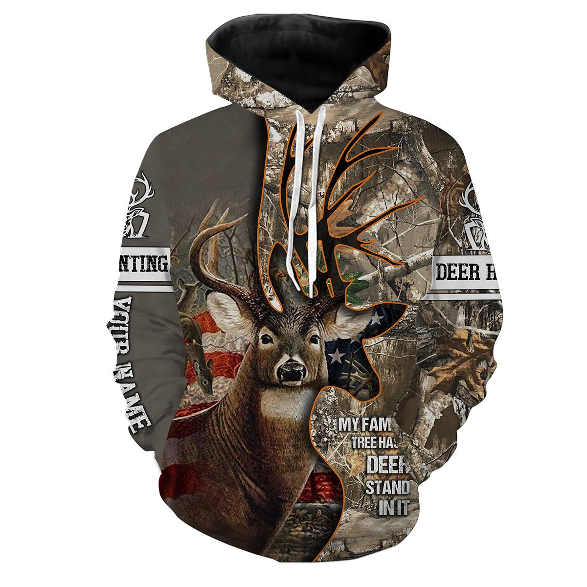 Deer Tattoo American Flag Camo Custom Name All over print shirts - Personalized hunting gift for Men Hoodie