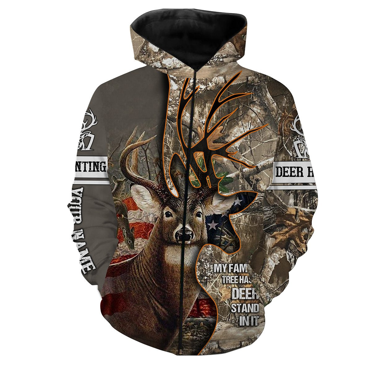 Deer Tattoo American Flag Camo Custom Name All over print shirts - Personalized hunting gift for Men Zip up hoodie