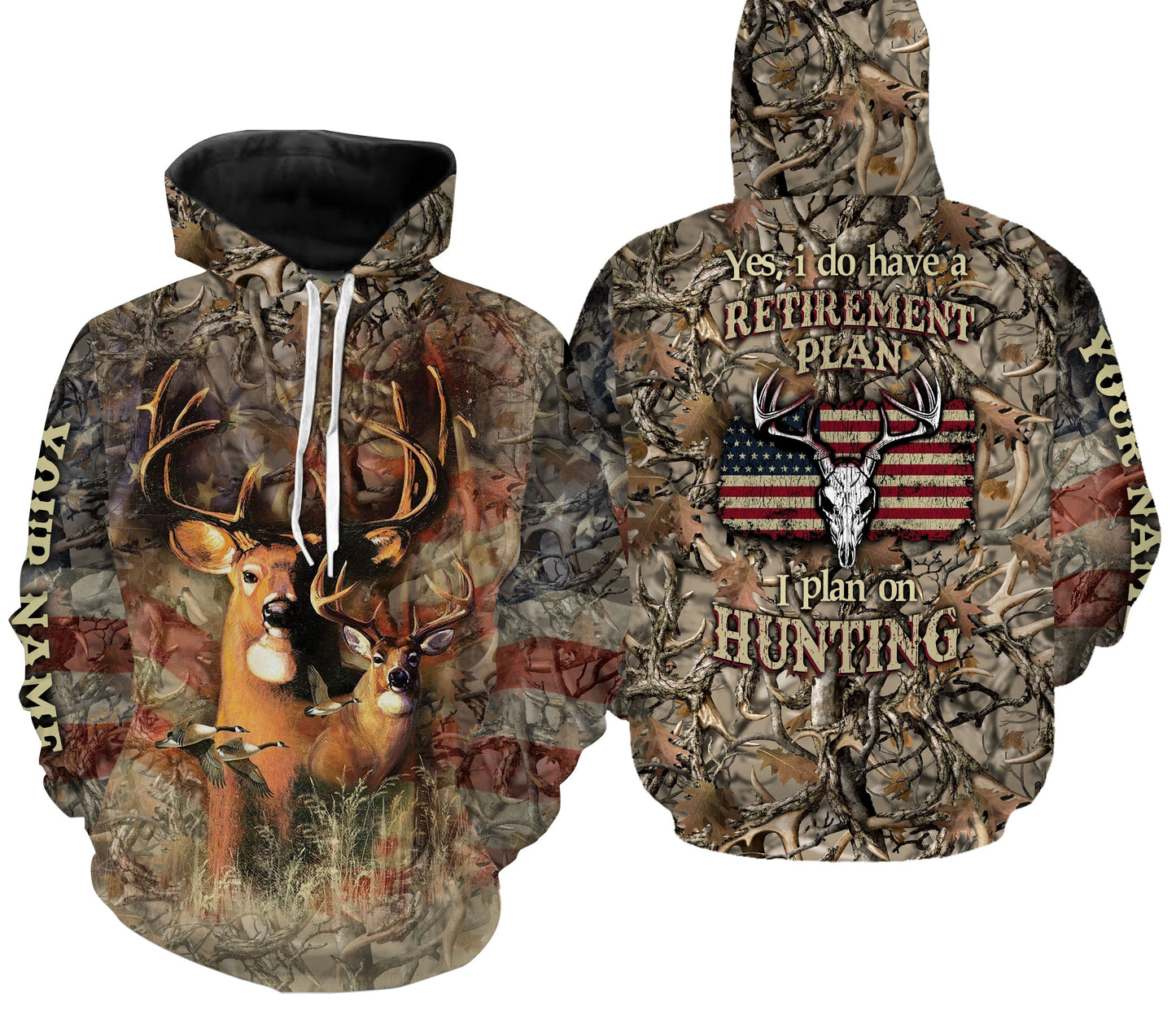 "Yes I Do Have A Retirement Plan I Plan On Hunting" American Flag Patriotic Deer Hunting Camo Custom Name Shirts Fsd2112 Hoodie Hoodie