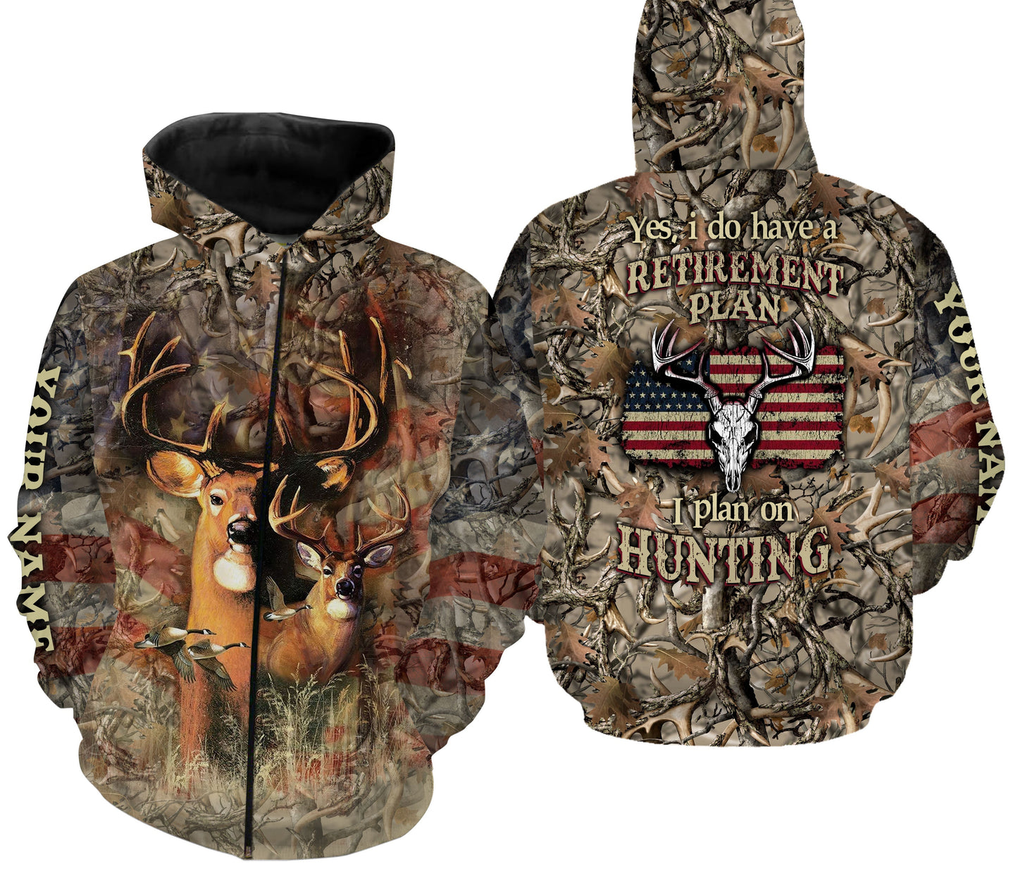 "Yes I Do Have A Retirement Plan I Plan On Hunting" American Flag Patriotic Deer Hunting Camo Custom Name Shirts Fsd2112 Zip Up Hoodie Zip Up Hoodie