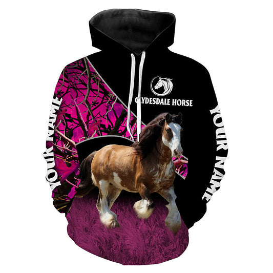 Clydesdale Horse Pink Camo Custom Name Full Printing Sweatshirt Hoodie Hoodie