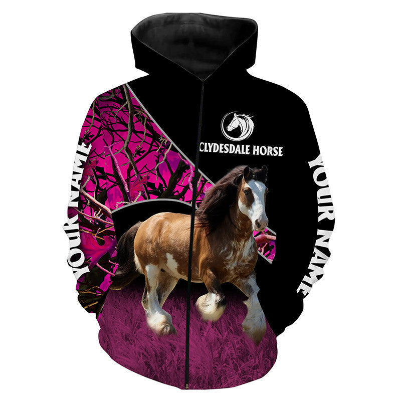 Clydesdale Horse Pink Camo Custom Name Full Printing Sweatshirt Zip Up Hoodie Zip Up Hoodie