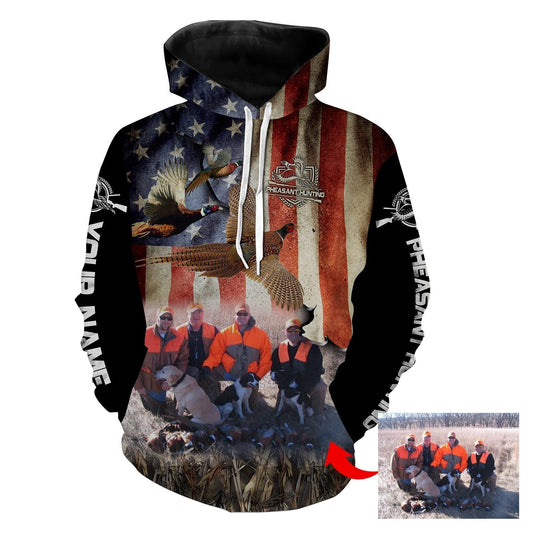 Pheasant Hunting American Flag Custom Name and Photo 3D All Over Printed Shirts, Pheasant Hunting Crew, Hunting Team Apparel FSD2627