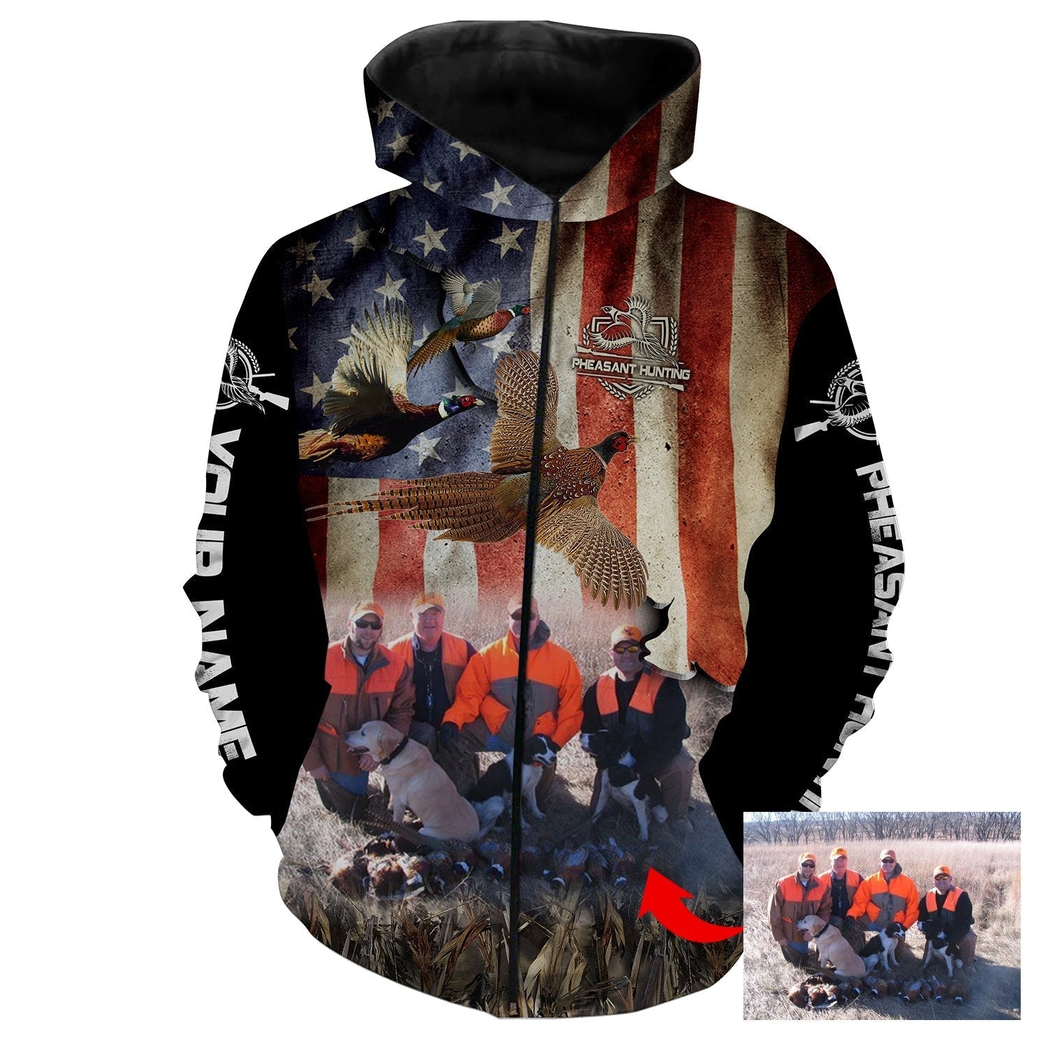 Pheasant Hunting American Flag Custom Name and Photo 3D All Over Printed Shirts, Pheasant Hunting Crew, Hunting Team Apparel FSD2627