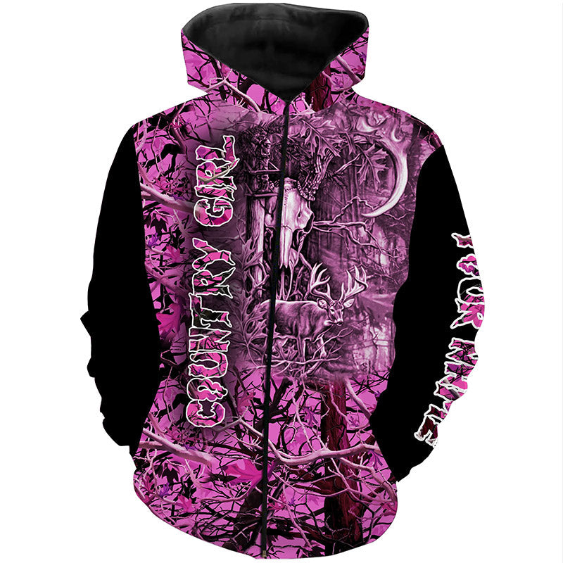 Pink camo Women's hunting clothes custom Name 3D All over printing - Personalized hunting gifts - FSD487 Zip up hoodie