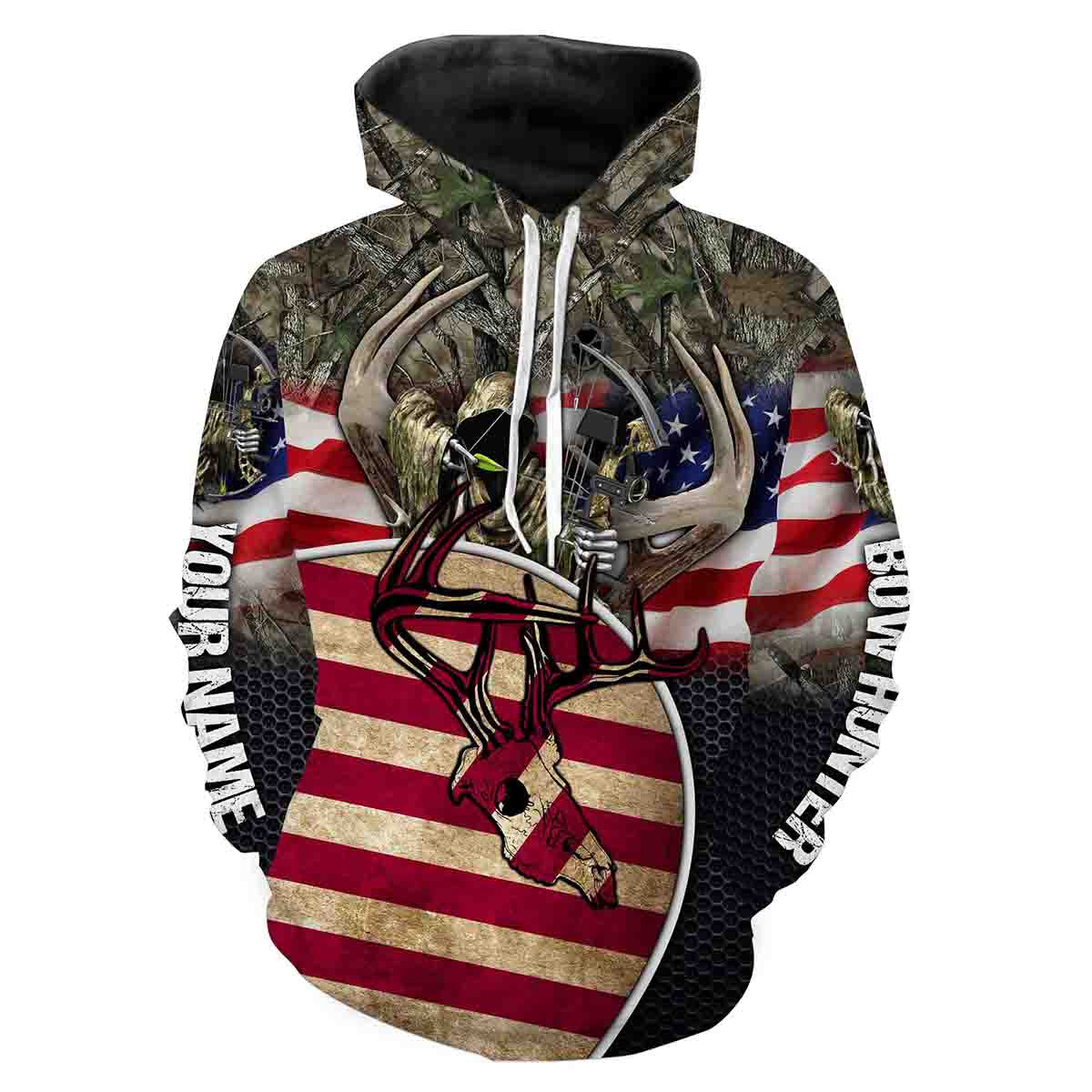 Bow hunting Deer Skull American Flag Camo Custom name All over print shirt - Hunting gift for Men, Women and Kid - FSD54