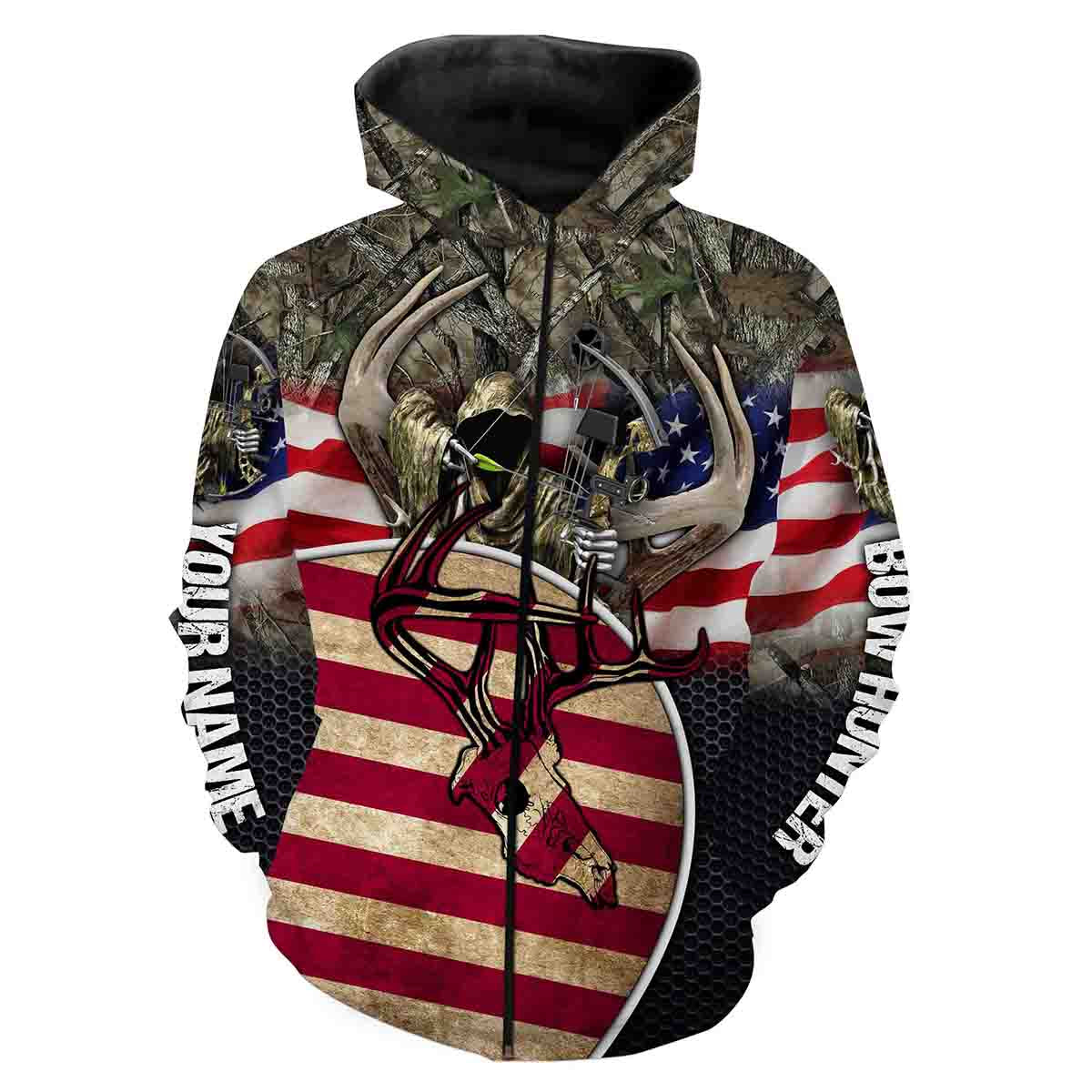 Bow hunting Deer Skull American Flag Camo Custom name All over print shirt - Hunting gift for Men, Women and Kid - FSD54