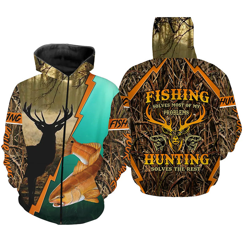 "Fishing Solves Most Of My Problems Hunting Solves The Rest" Redfish Fishing and Deer Hunting 3D shirt FSD3159