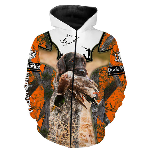 Duck Hunting With Dog Orange Camo Custom Name 3D All Over Printing Shirts Hoodie Best Hunting Gifts For Men Women Kid  Zip Up Hoodie Zip Up Hoodie