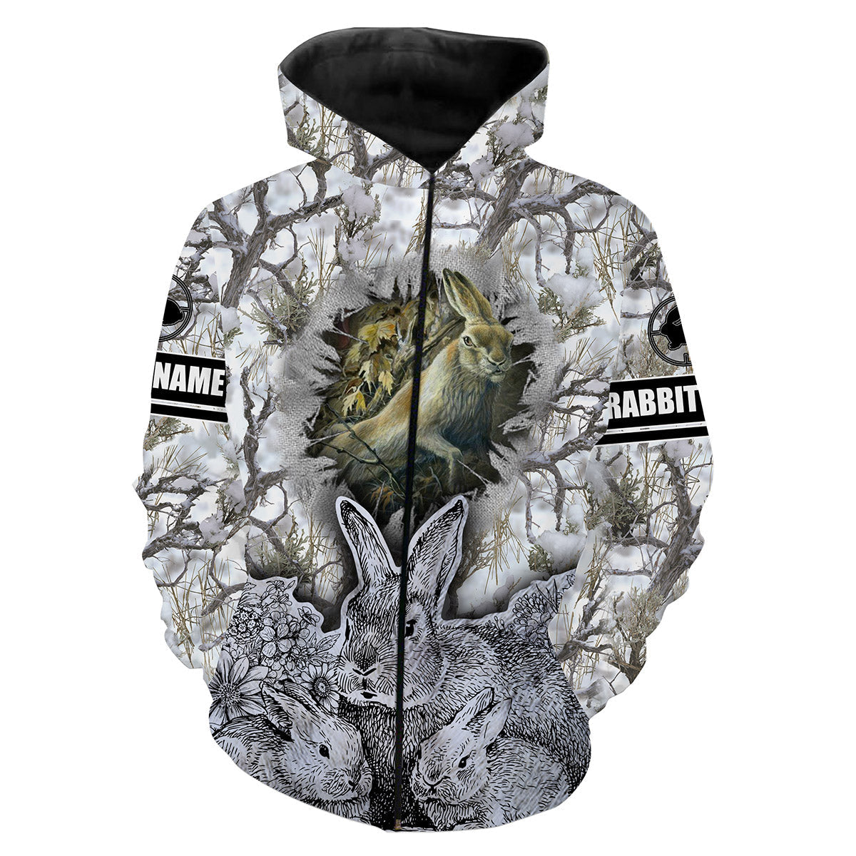 Rabbit Hare Hunting Snow Camo Custom Name 3D Full Printing Hoodie Zip Up Hoodie Zip Up Hoodie