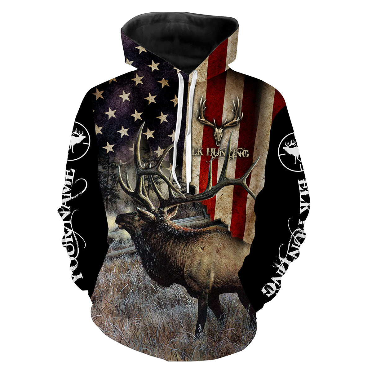 Elk Hunting American Flag Custom Name Full Printing Shirts Hoodie